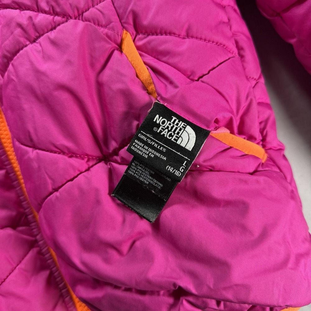 The North Face Puffer Jacket Youth Girls Large Pink Orange Reversible Hooded - Picture 8 of 12